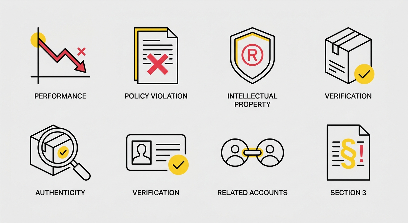 Amazon seller account suspended notification with frozen funds and recovery action plan displayed on computer screen