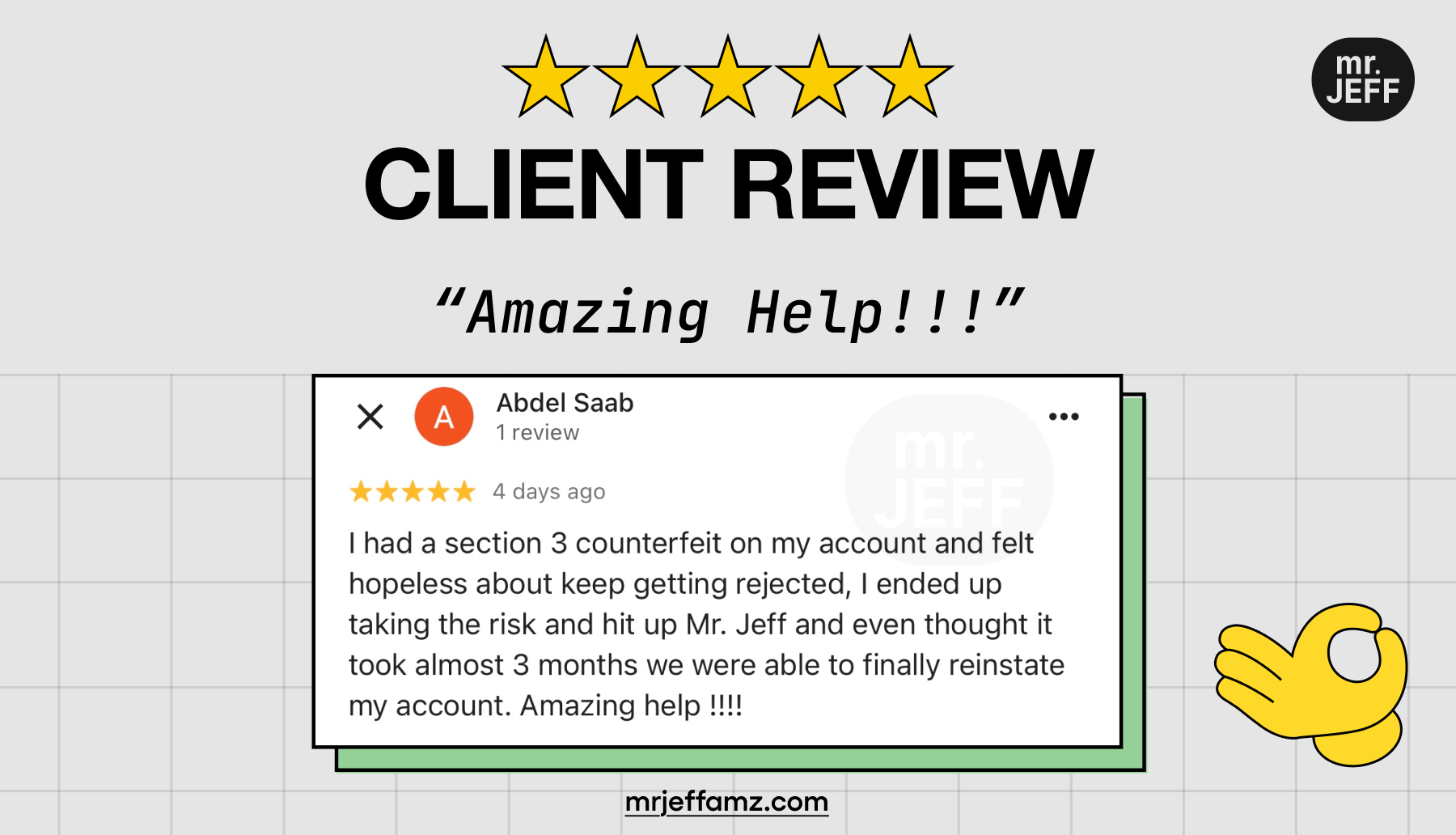 Client review confirming successful Amazon account reinstatement by Mr. Jeff AMZ