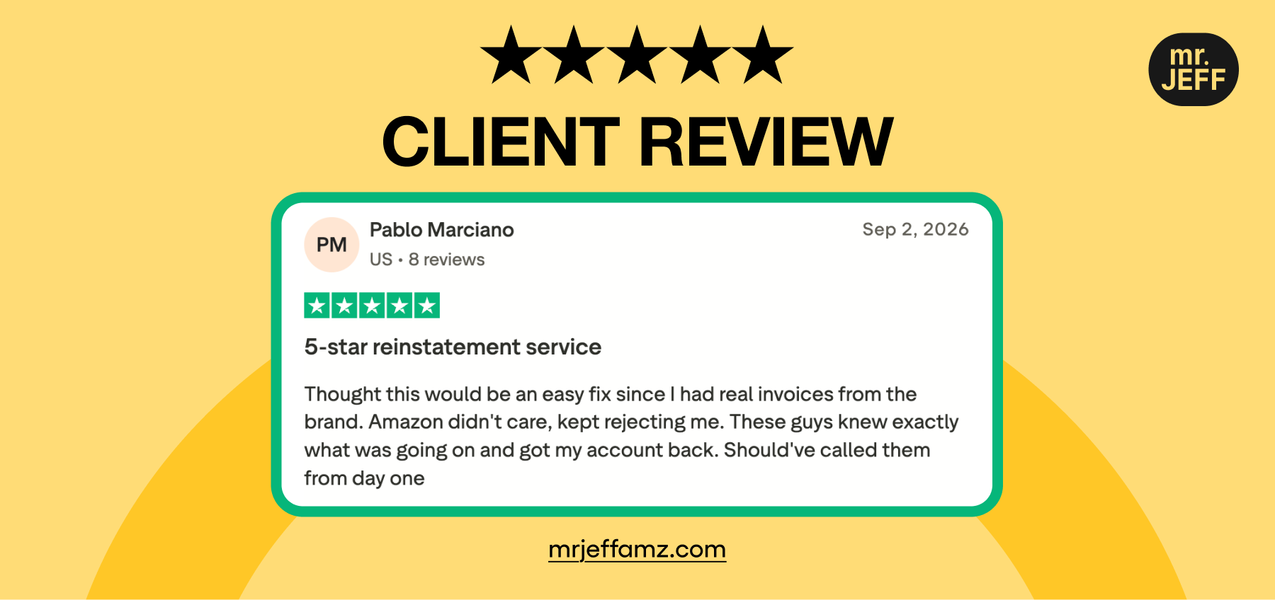 Client review praising Mr. Jeff AMZ's Amazon reinstatement service Client review praising Mr. Jeff AMZ's Amazon reinstatement service